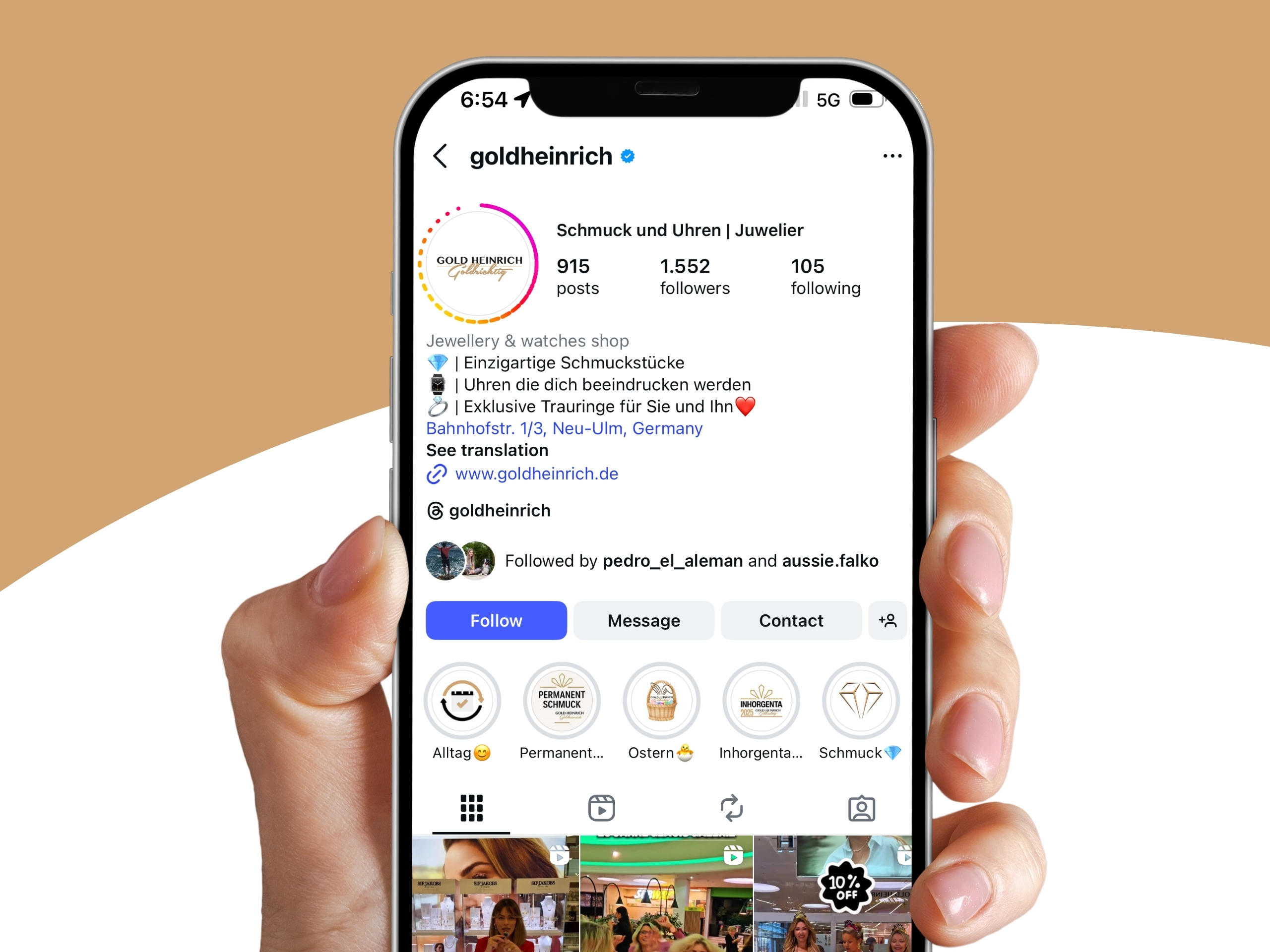 Instagram-Profil von Gold Heinrich, einem Juwelier in Neu-Ulm mit Schmuck, Uhren und Trauringen